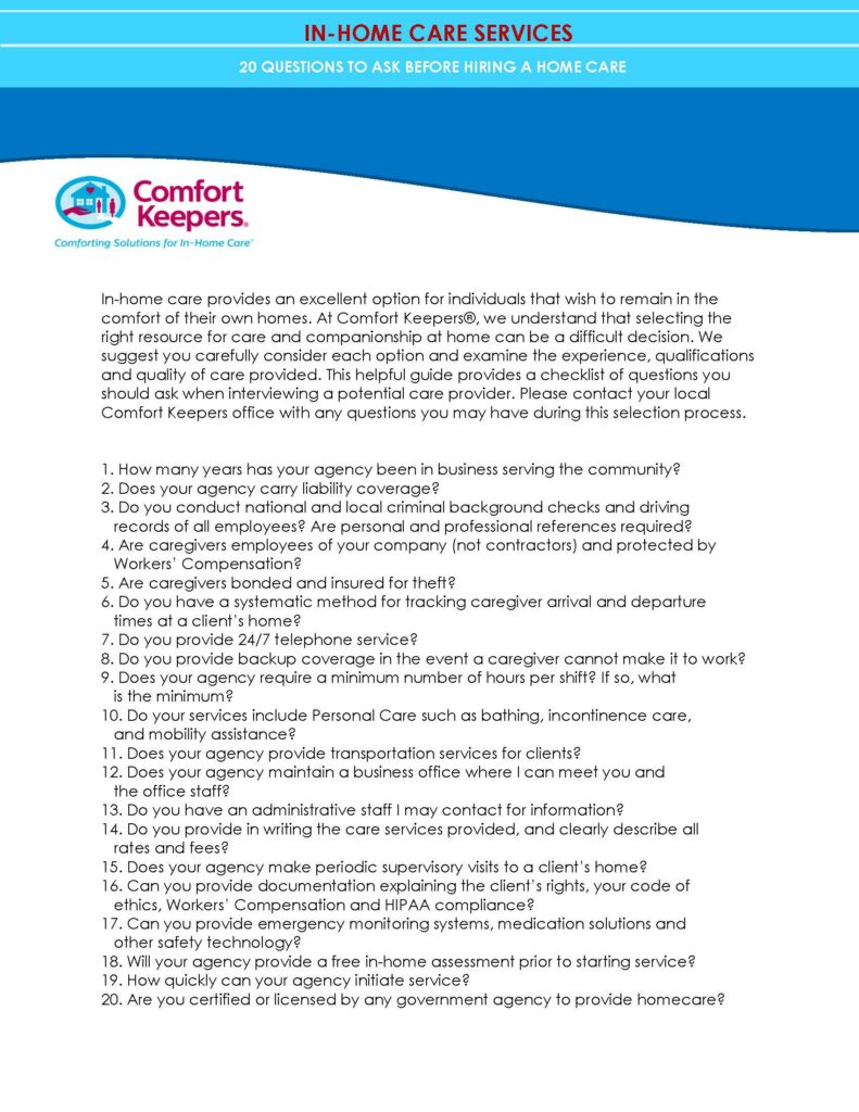 Comfort Keepers - 20 Questions for IHCs